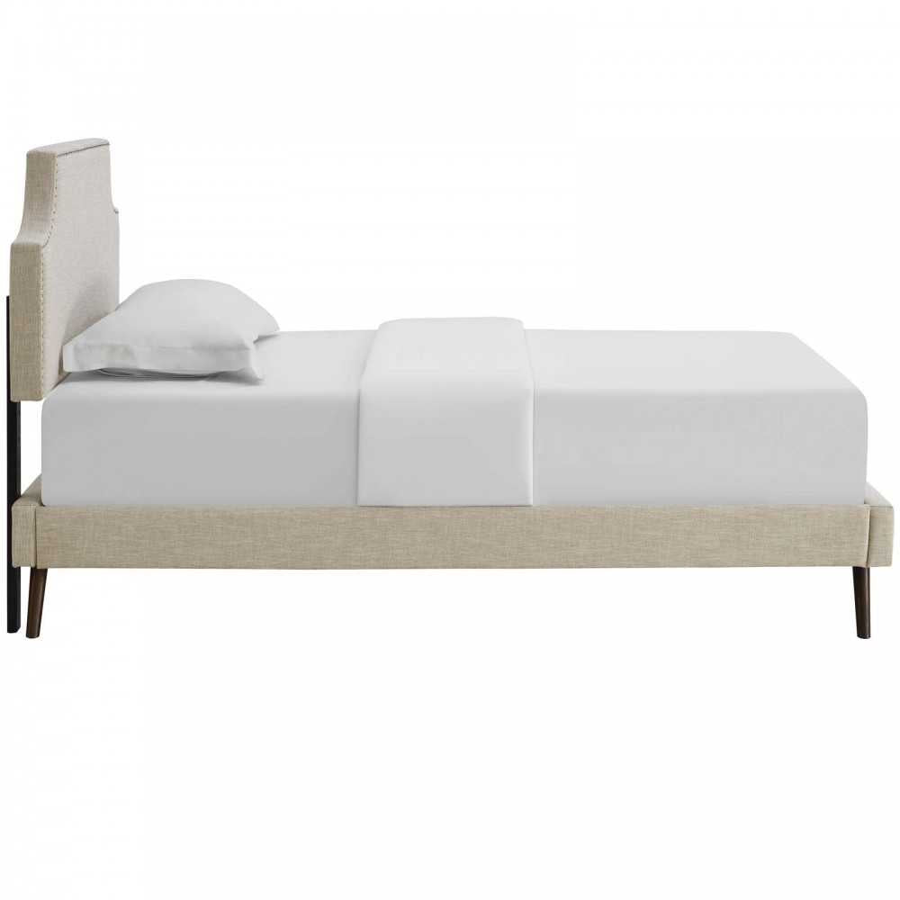 Corene Twin Fabric Platform Bed with Round Splayed Legs, Beige