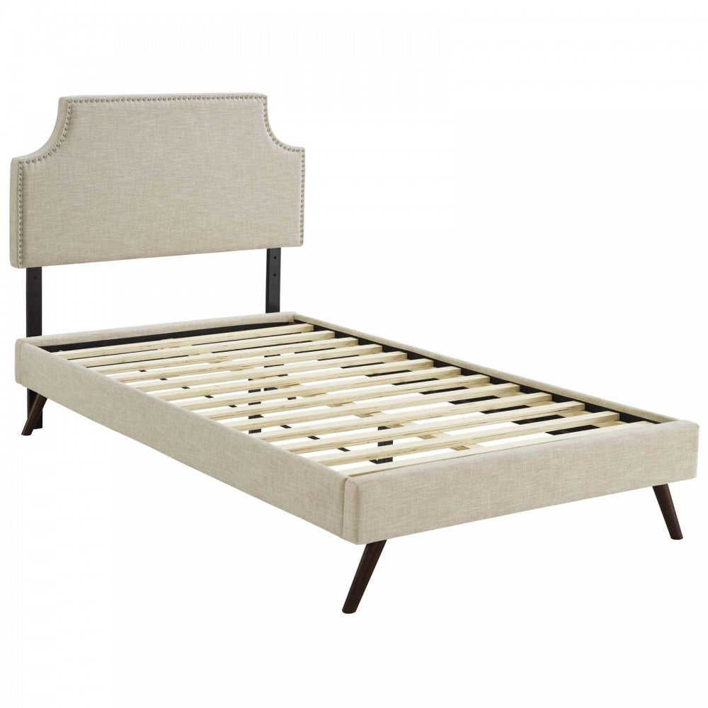Corene Twin Fabric Platform Bed with Round Splayed Legs, Beige