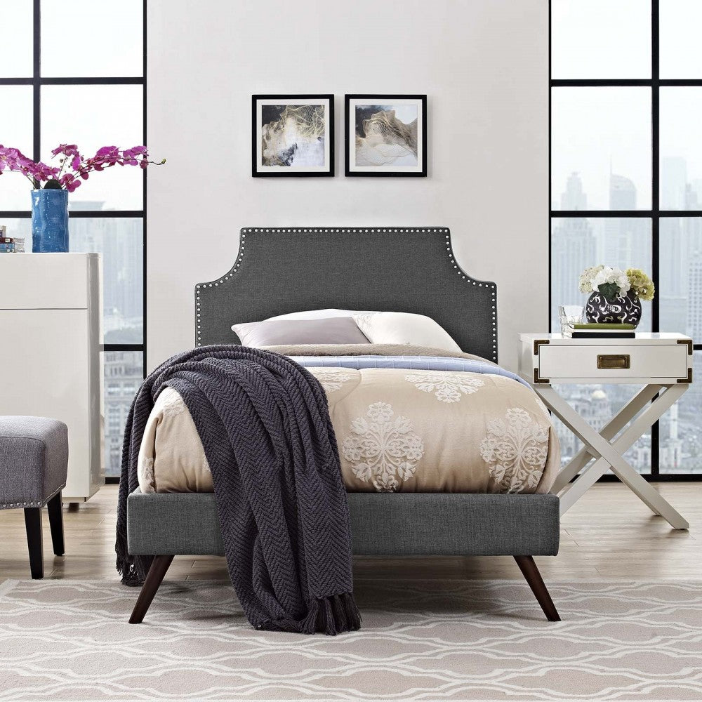 Corene Twin Fabric Platform Bed with Round Splayed Legs, Gray
