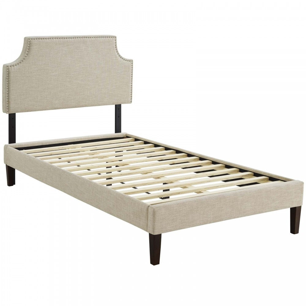 Corene Twin Fabric Platform Bed with Squared Tapered Legs, Beige