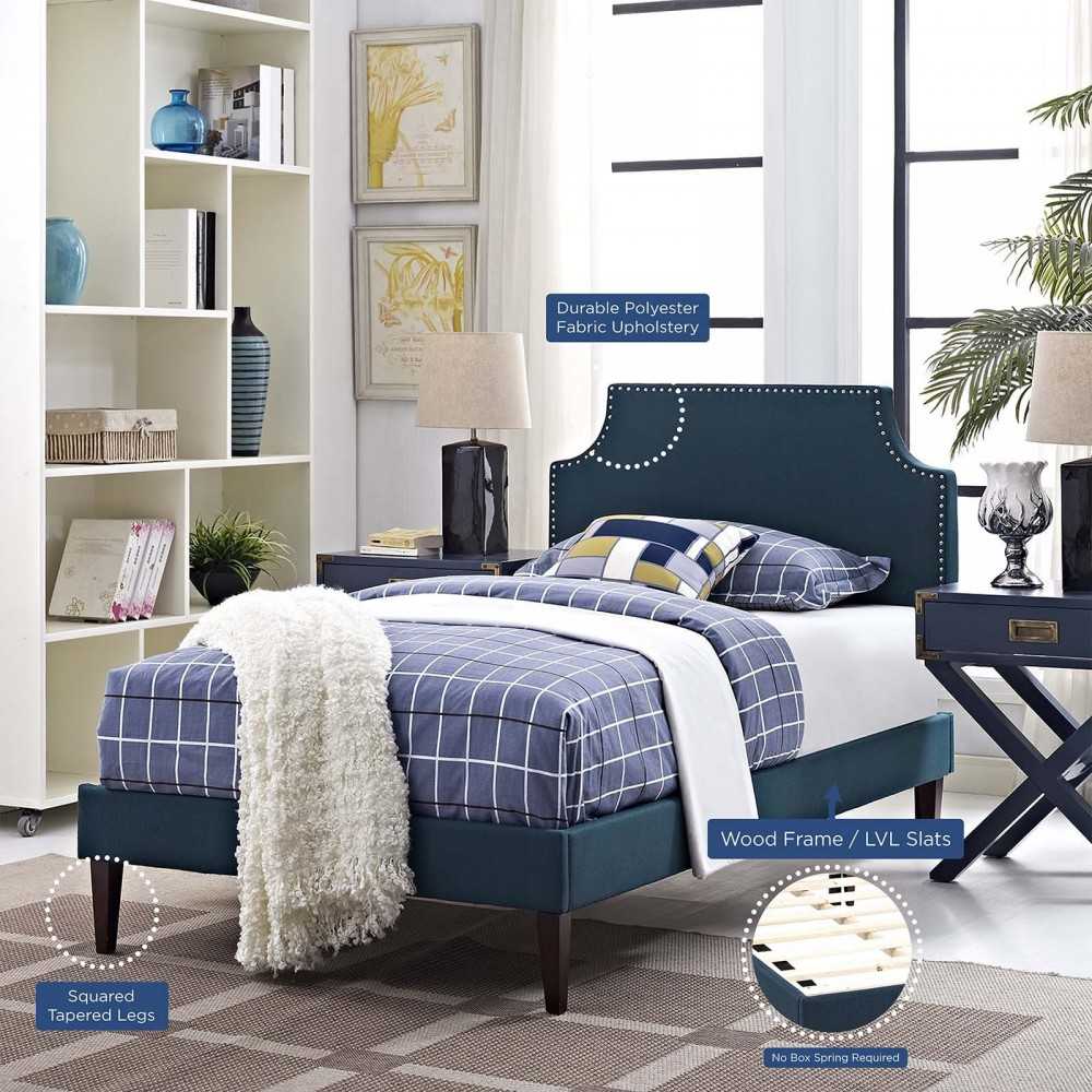 Corene Twin Fabric Platform Bed with Squared Tapered Legs, Azure