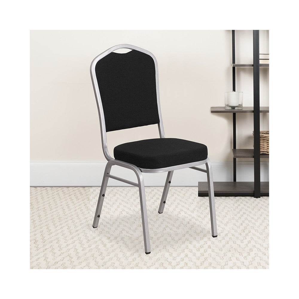 Crown Back Stacking Banquet Chair in Black Fabric - Silver Frame