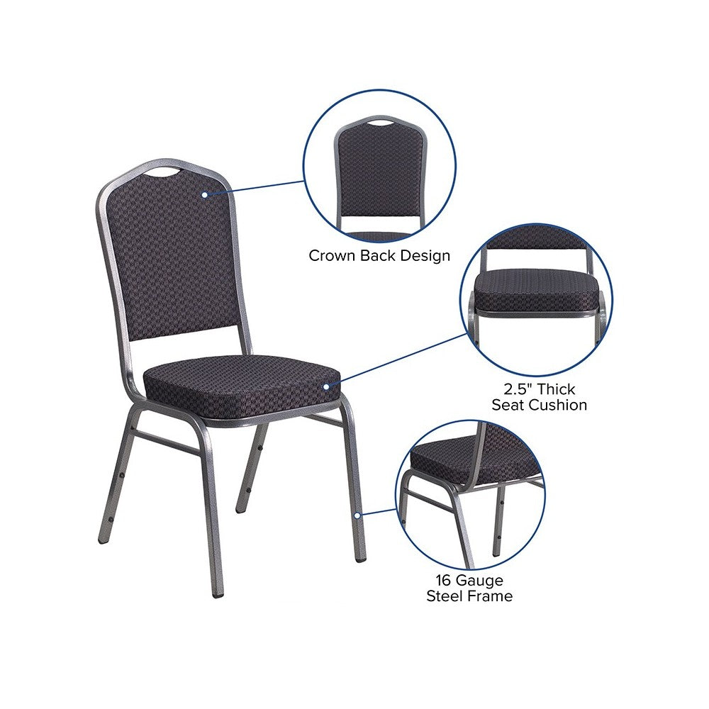 Crown Back Stacking Banquet Chair in Black Patterned Fabric - Silver Vein Frame