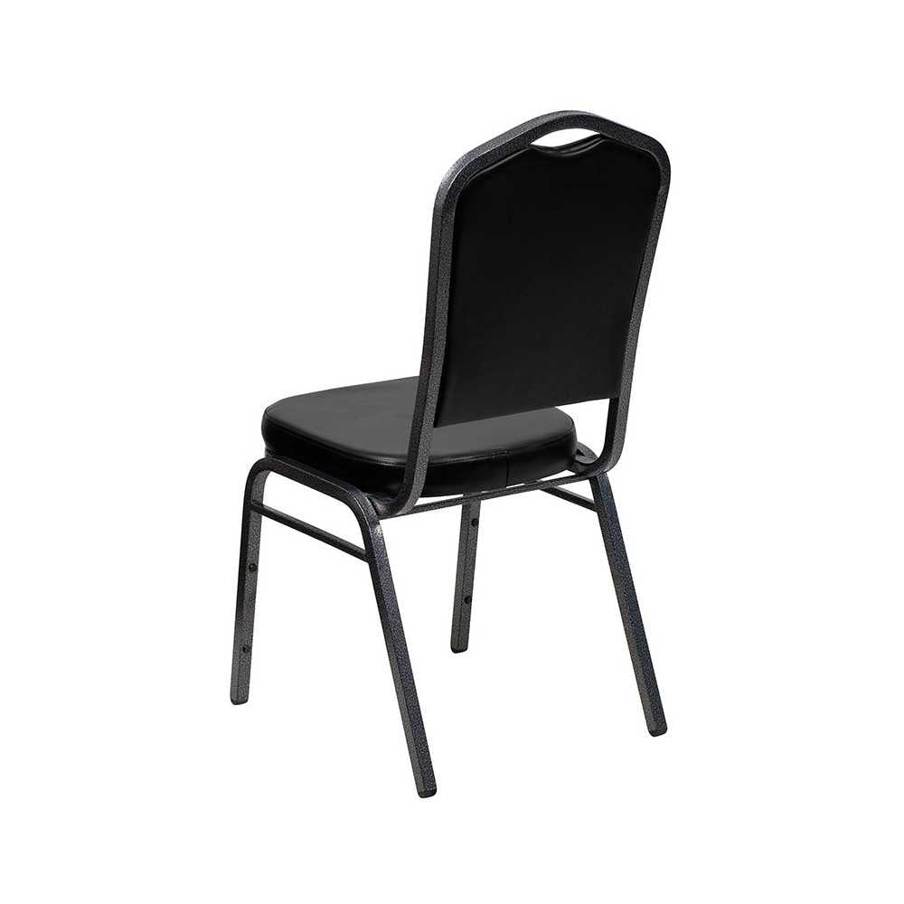 Crown Back Stacking Banquet Chair in Black Vinyl - Silver Vein Frame