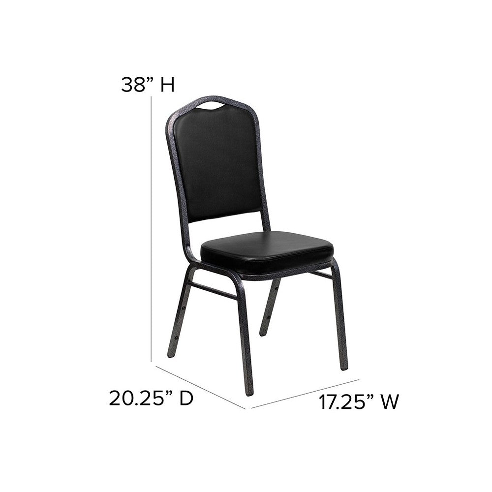 Crown Back Stacking Banquet Chair in Black Vinyl - Silver Vein Frame