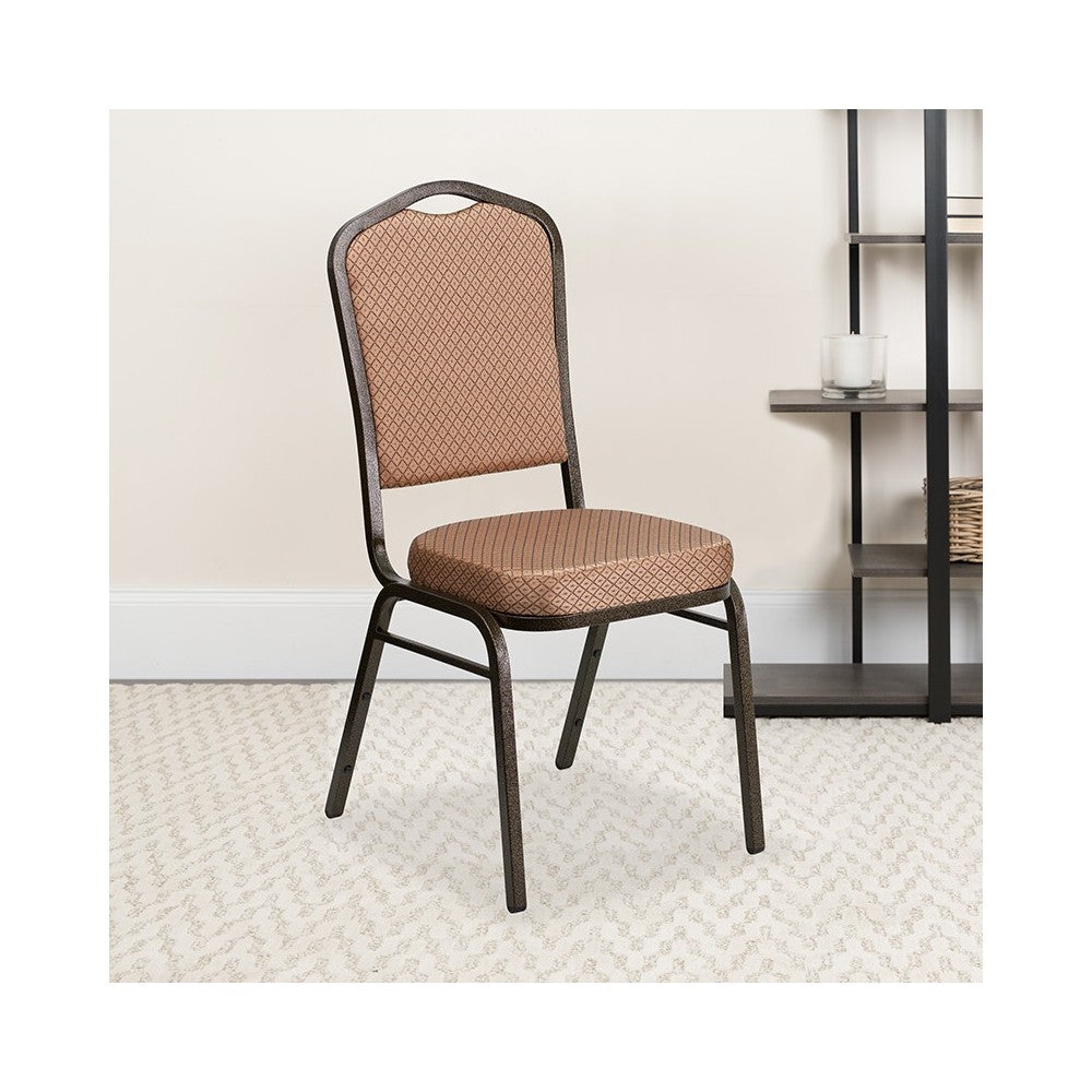 Crown Back Stacking Banquet Chair in Gold Diamond Patterned Fabric - Gold Vein Frame