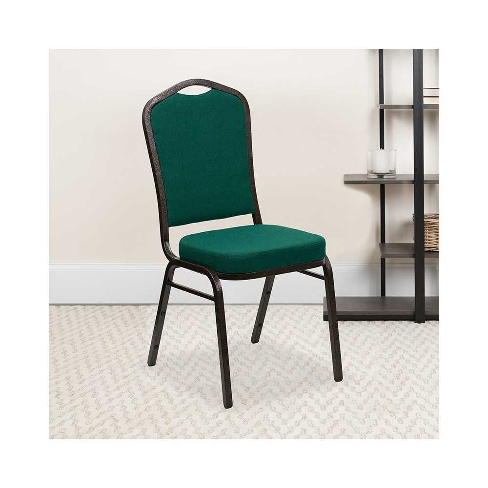 Crown Back Stacking Banquet Chair in Green Fabric - Gold Vein Frame