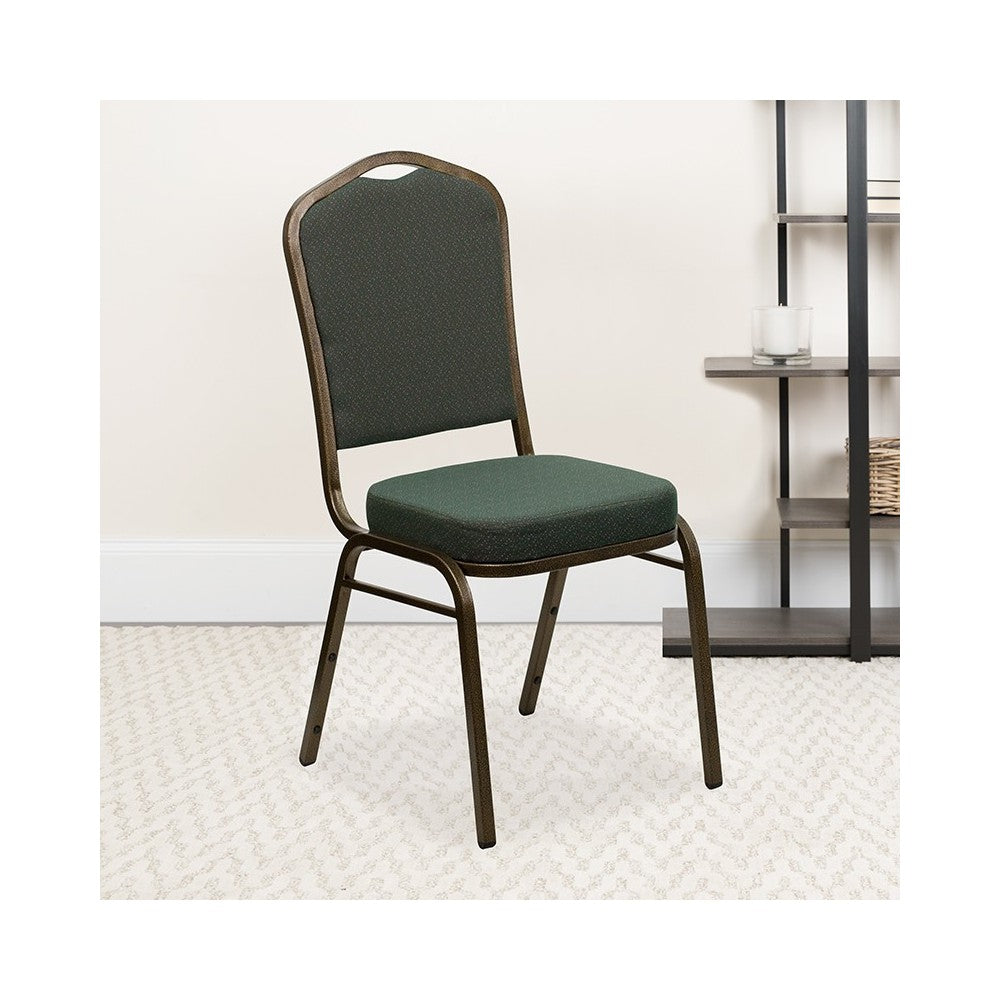 Crown Back Stacking Banquet Chair in Green Patterned Fabric - Gold Vein Frame