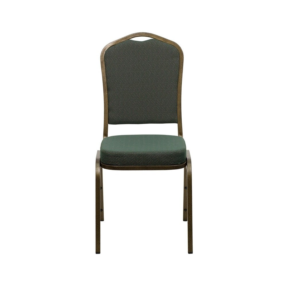 Crown Back Stacking Banquet Chair in Green Patterned Fabric - Gold Vein Frame