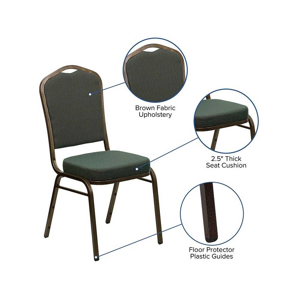 Crown Back Stacking Banquet Chair in Green Patterned Fabric - Gold Vein Frame