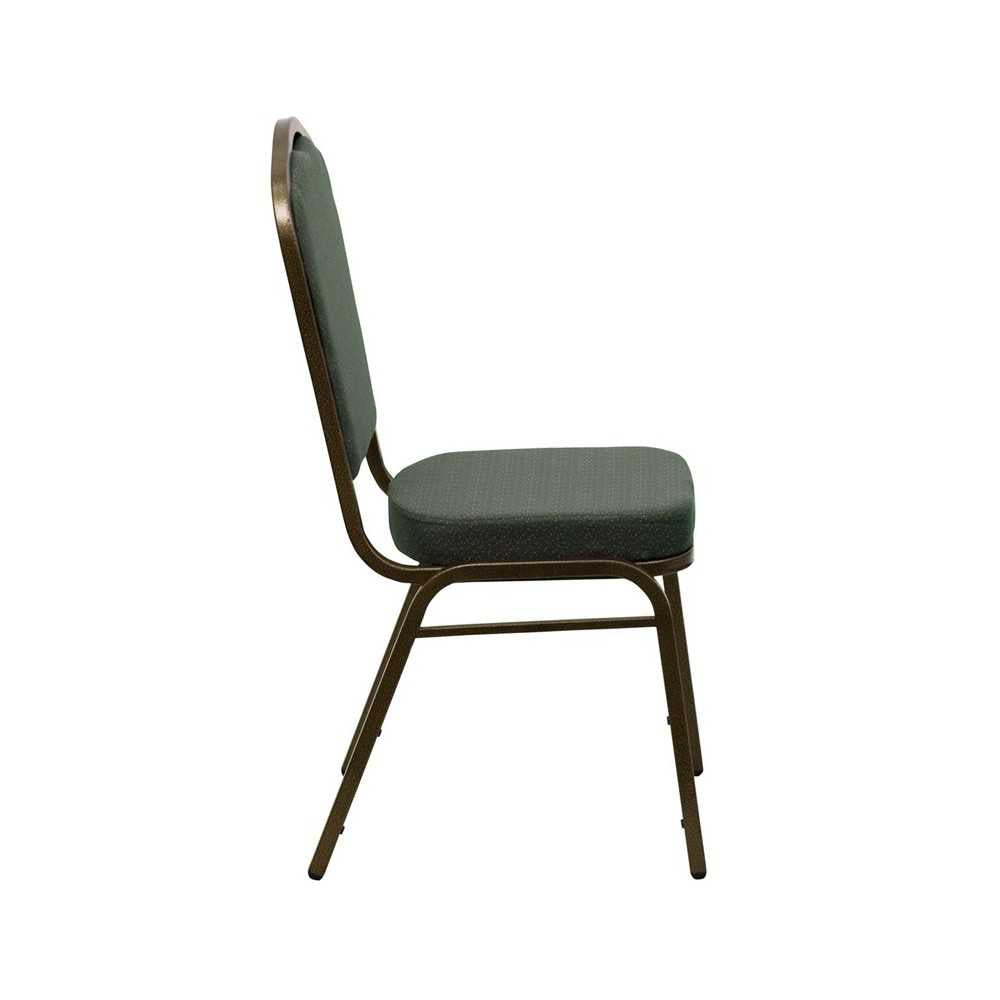 Crown Back Stacking Banquet Chair in Green Patterned Fabric - Gold Vein Frame