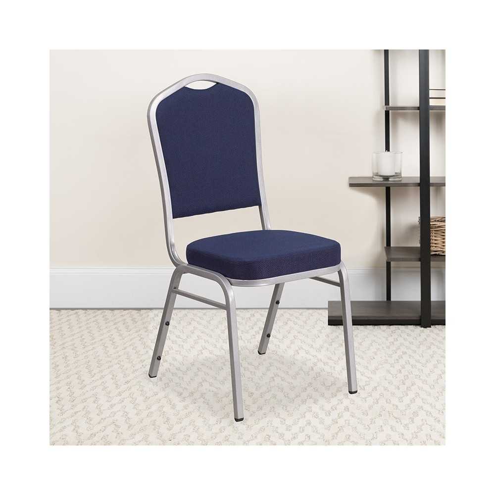Crown Back Stacking Banquet Chair in Navy Fabric - Silver Frame