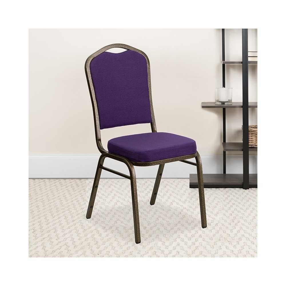 Crown Back Stacking Banquet Chair in Purple Fabric - Gold Vein Frame