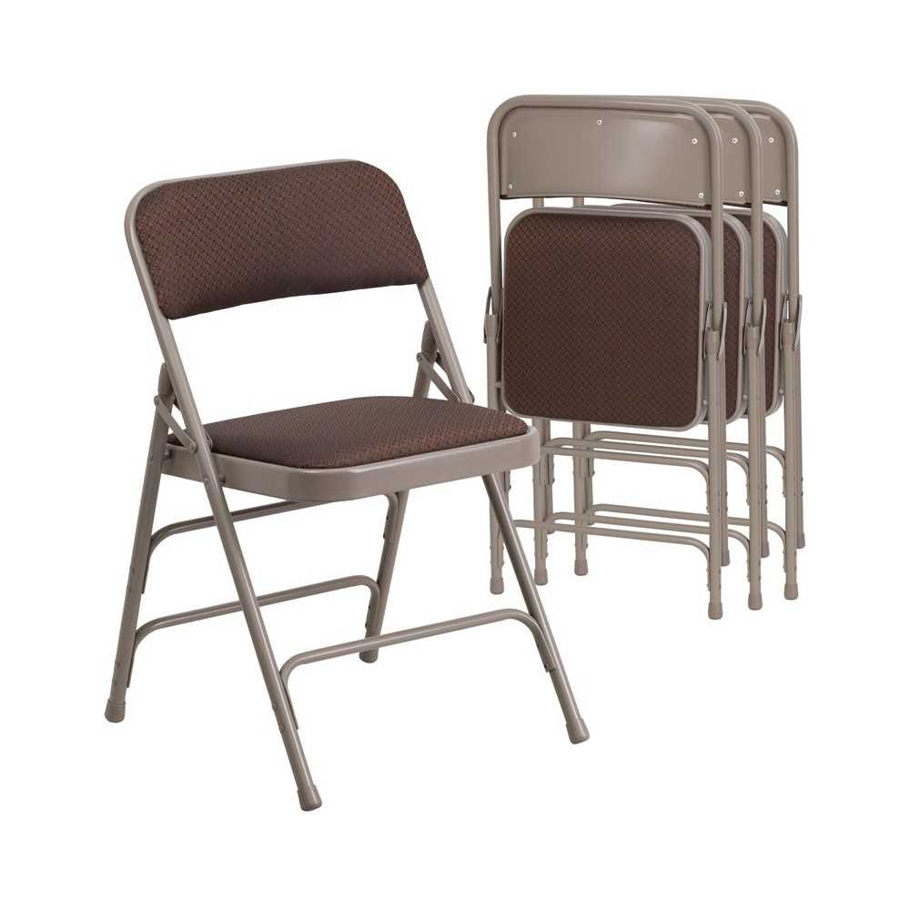 Curved Triple Braced & Double Hinged Brown Patterned Fabric Metal Folding Chair