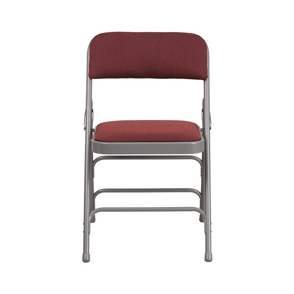 Curved Triple Braced & Double Hinged Burgundy Patterned Fabric Metal Folding Chair