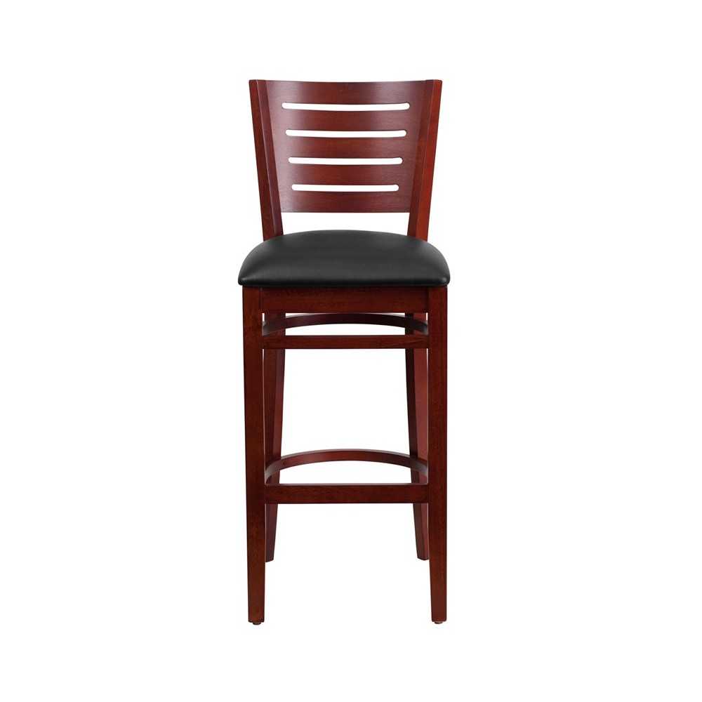 Darby Series Slat Back Mahogany Wood Restaurant Barstool - Black Vinyl Seat