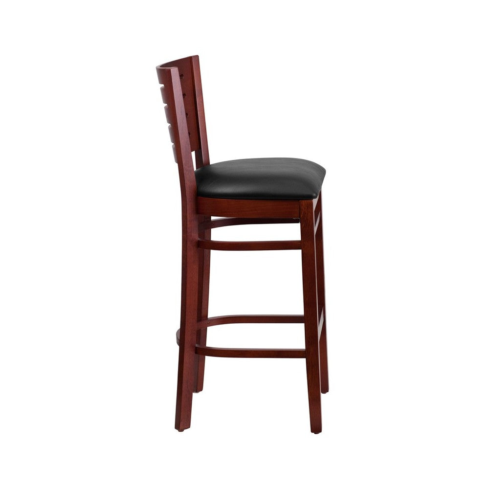 Darby Series Slat Back Mahogany Wood Restaurant Barstool - Black Vinyl Seat
