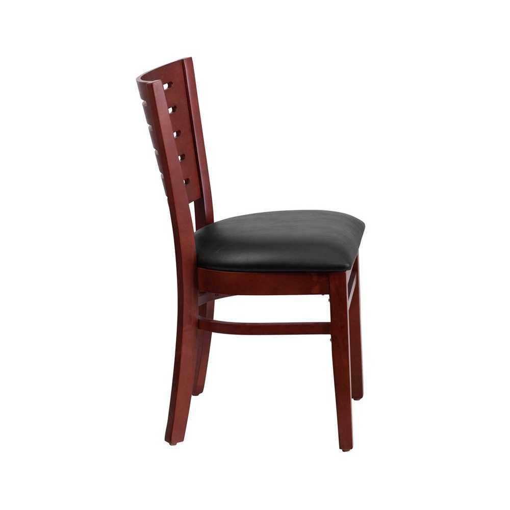 Darby Series Slat Back Mahogany Wood Restaurant Chair - Black Vinyl Seat