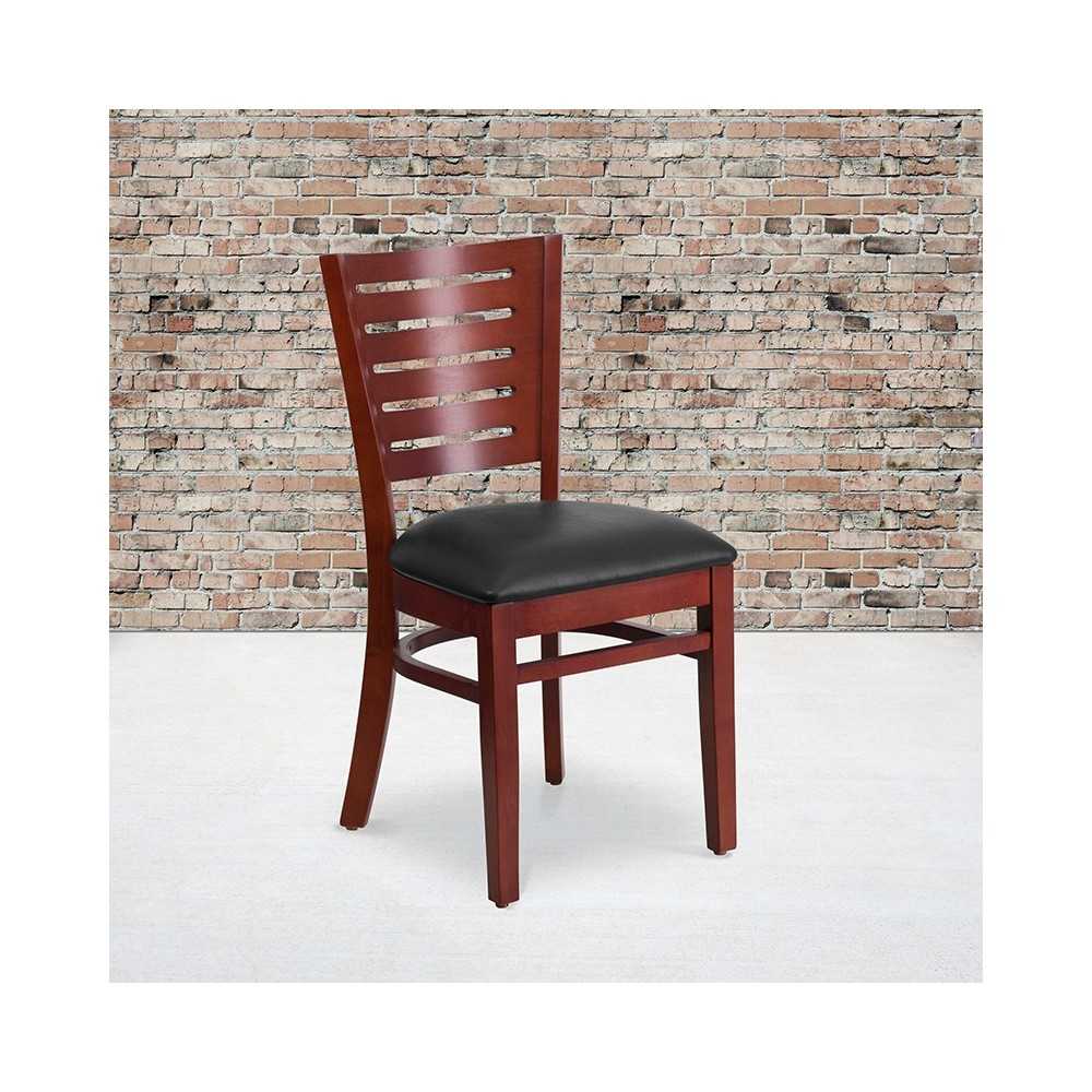 Darby Series Slat Back Mahogany Wood Restaurant Chair - Black Vinyl Seat