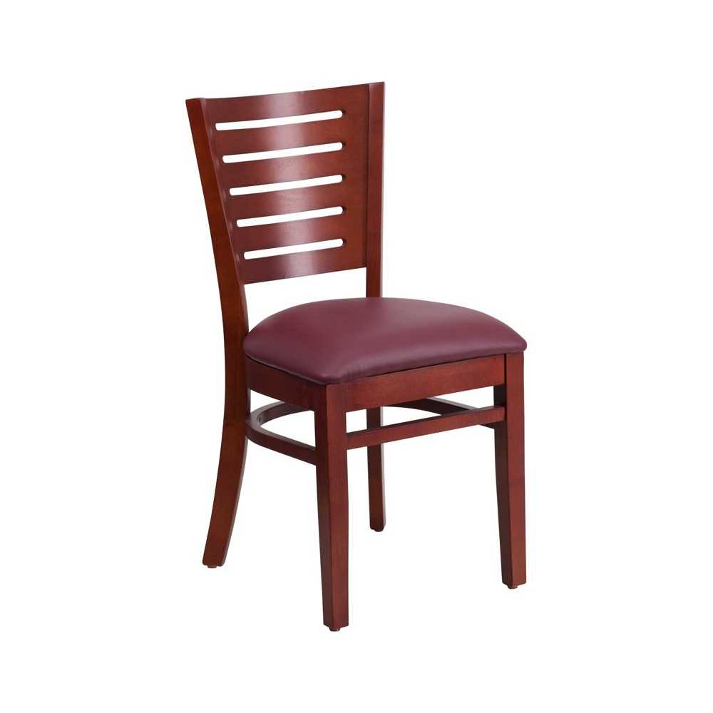 Darby Series Slat Back Mahogany Wood Restaurant Chair - Burgundy Vinyl Seat