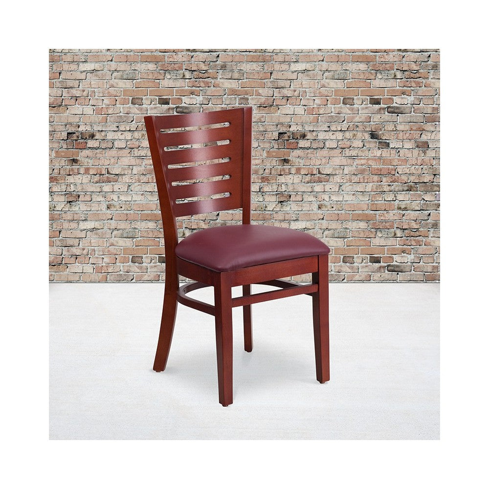 Darby Series Slat Back Mahogany Wood Restaurant Chair - Burgundy Vinyl Seat