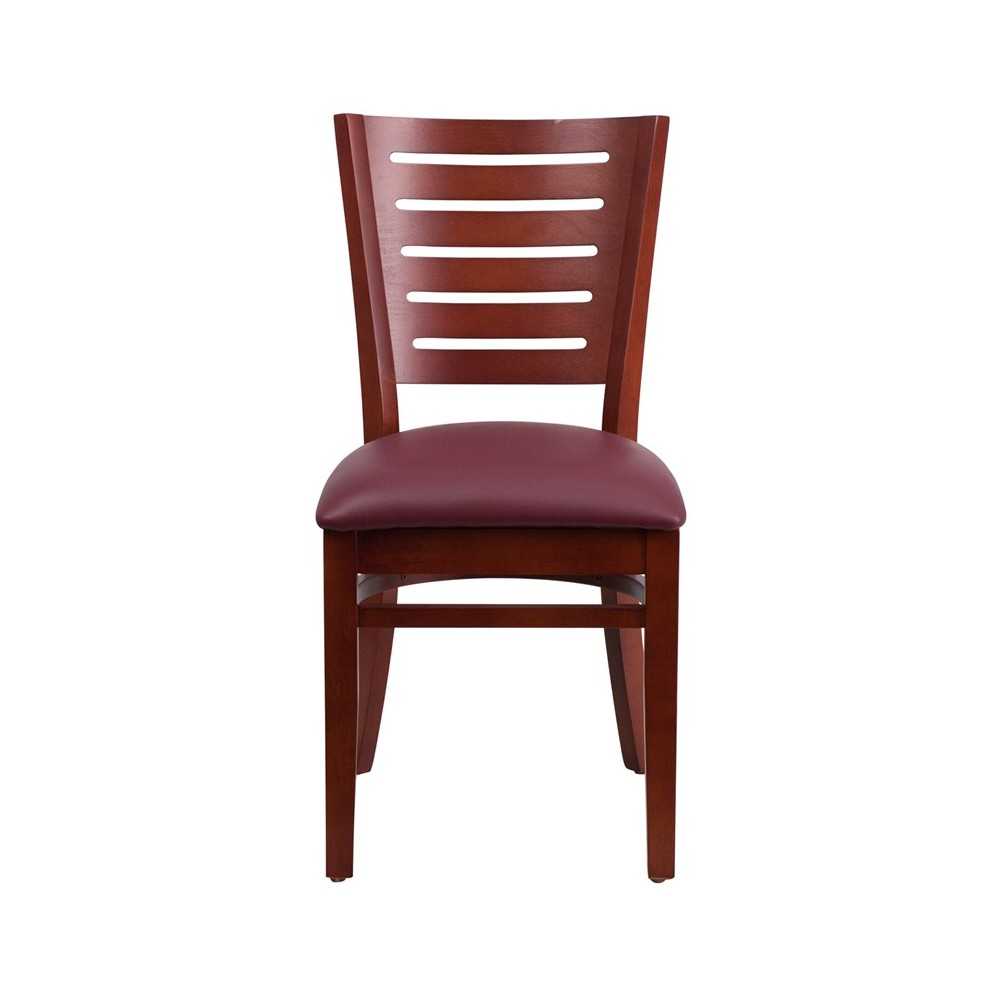 Darby Series Slat Back Mahogany Wood Restaurant Chair - Burgundy Vinyl Seat