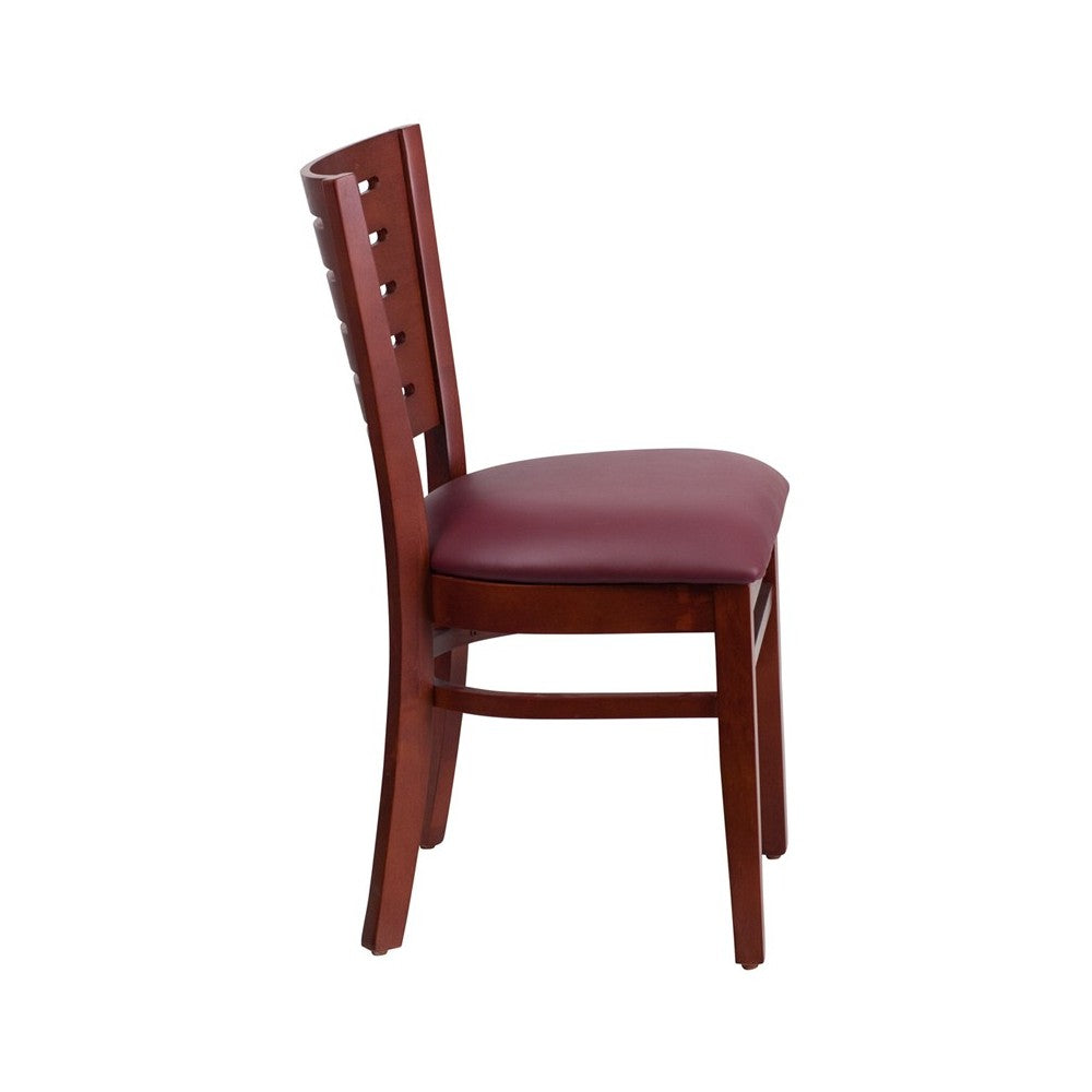 Darby Series Slat Back Mahogany Wood Restaurant Chair - Burgundy Vinyl Seat