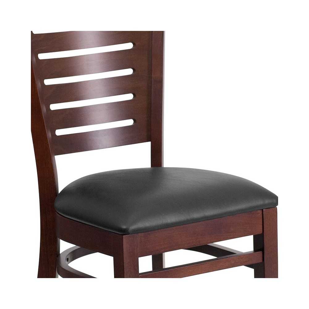 Darby Series Slat Back Walnut Wood Restaurant Chair - Black Vinyl Seat
