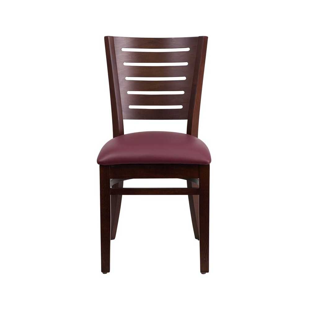 Darby Series Slat Back Walnut Wood Restaurant Chair - Burgundy Vinyl Seat