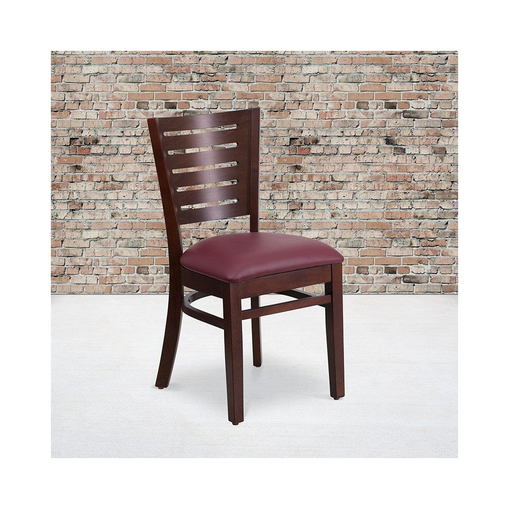 Darby Series Slat Back Walnut Wood Restaurant Chair - Burgundy Vinyl Seat