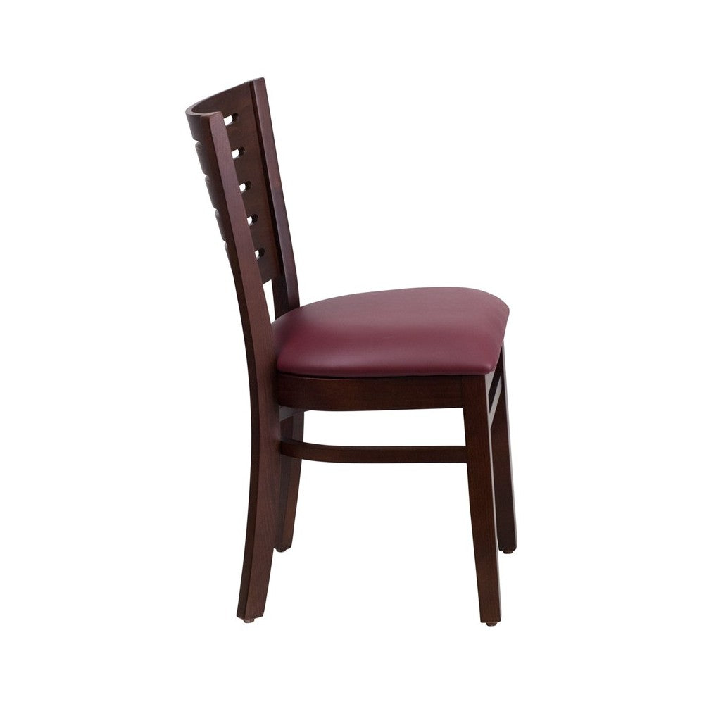 Darby Series Slat Back Walnut Wood Restaurant Chair - Burgundy Vinyl Seat