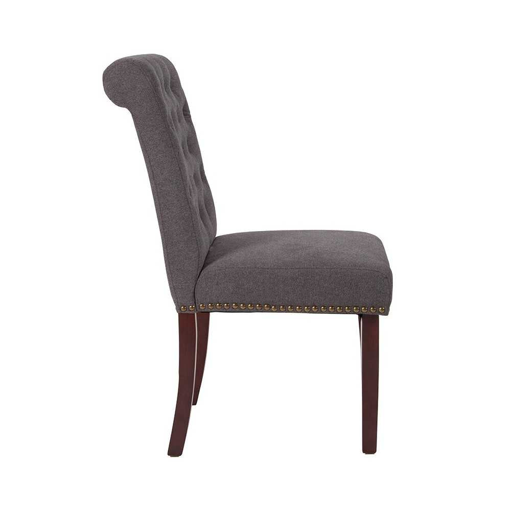 Dark Gray Fabric Parsons Chair with Rolled Back, Accent Nail Trim and Walnut Finish