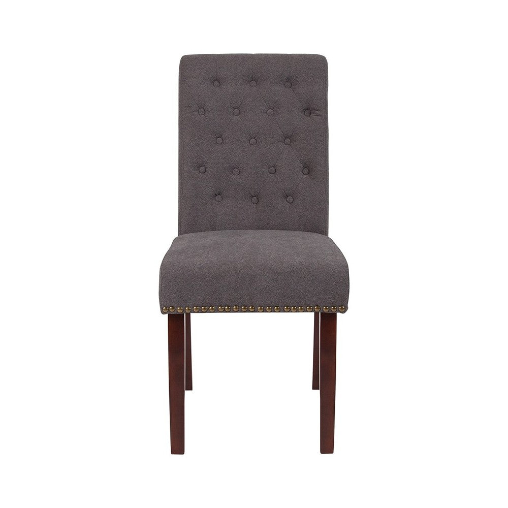 Dark Gray Fabric Parsons Chair with Rolled Back, Accent Nail Trim and Walnut Finish