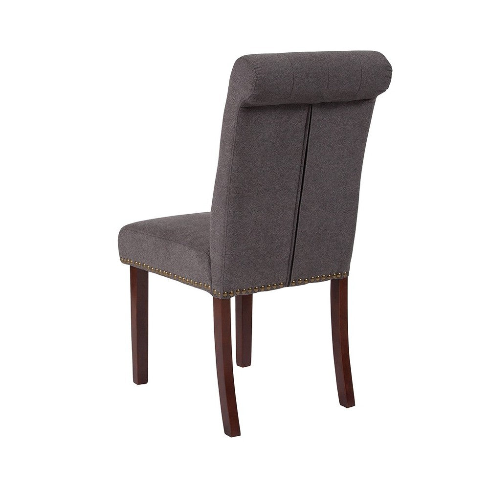 Dark Gray Fabric Parsons Chair with Rolled Back, Accent Nail Trim and Walnut Finish