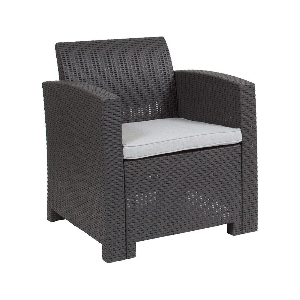 Dark Gray Faux Rattan Chair with All-Weather Light Gray Cushion