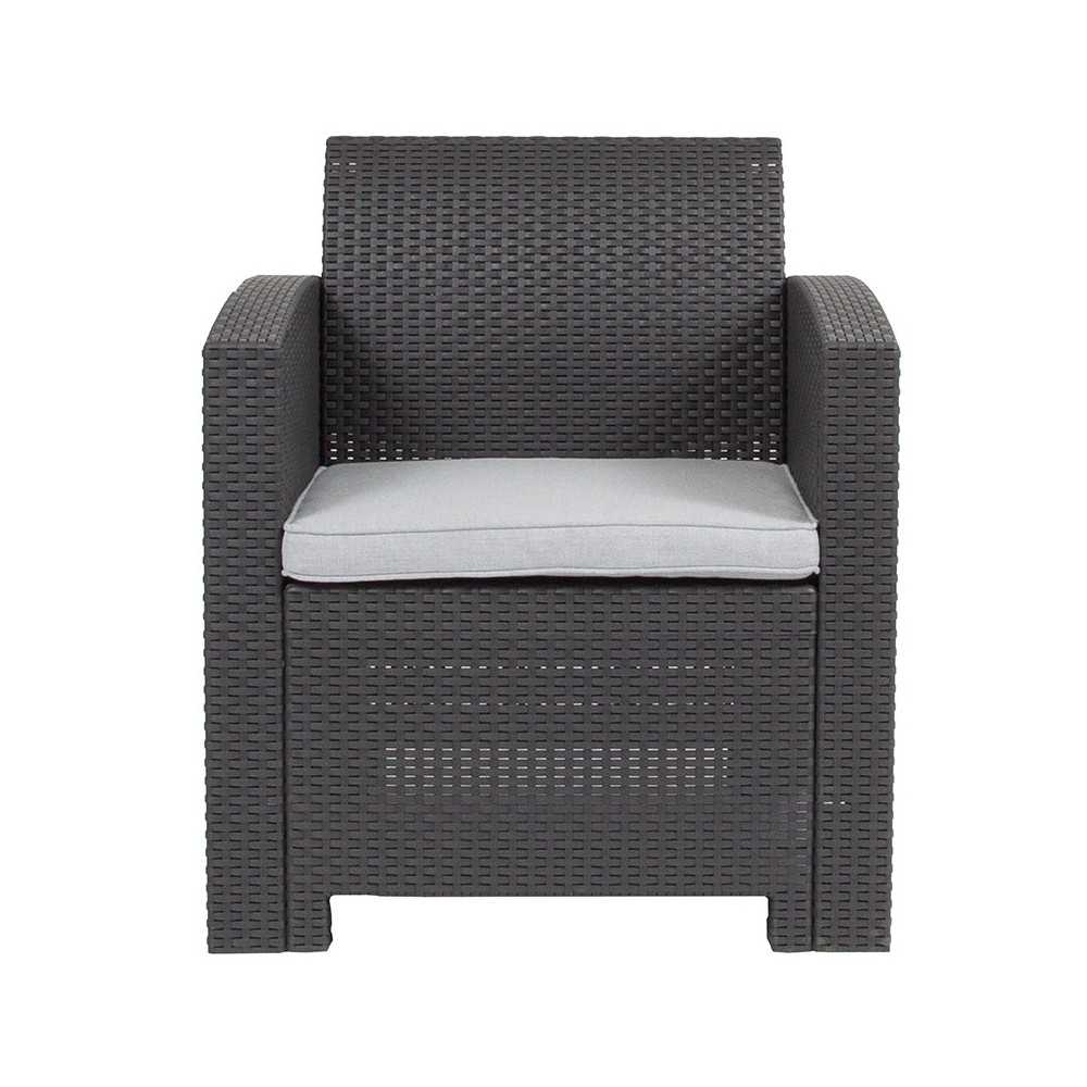 Dark Gray Faux Rattan Chair with All-Weather Light Gray Cushion