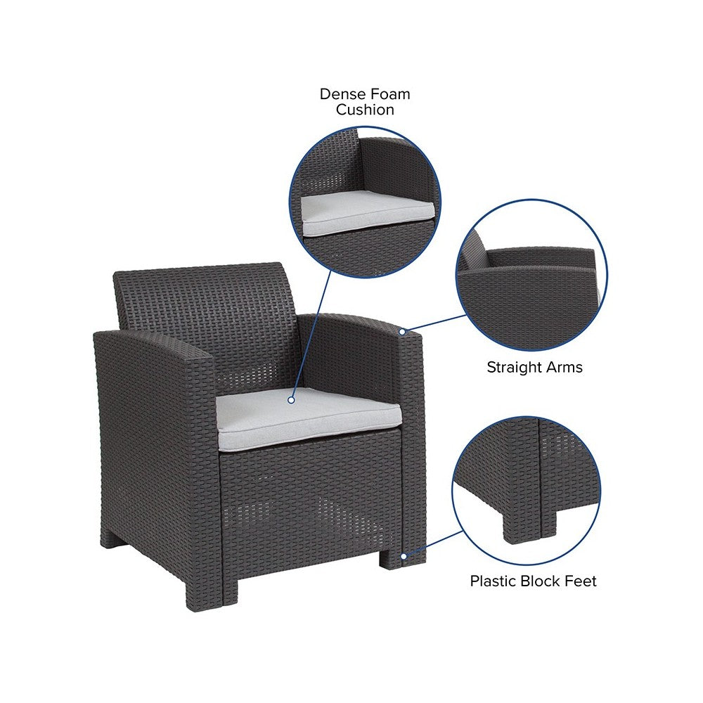 Dark Gray Faux Rattan Chair with All-Weather Light Gray Cushion