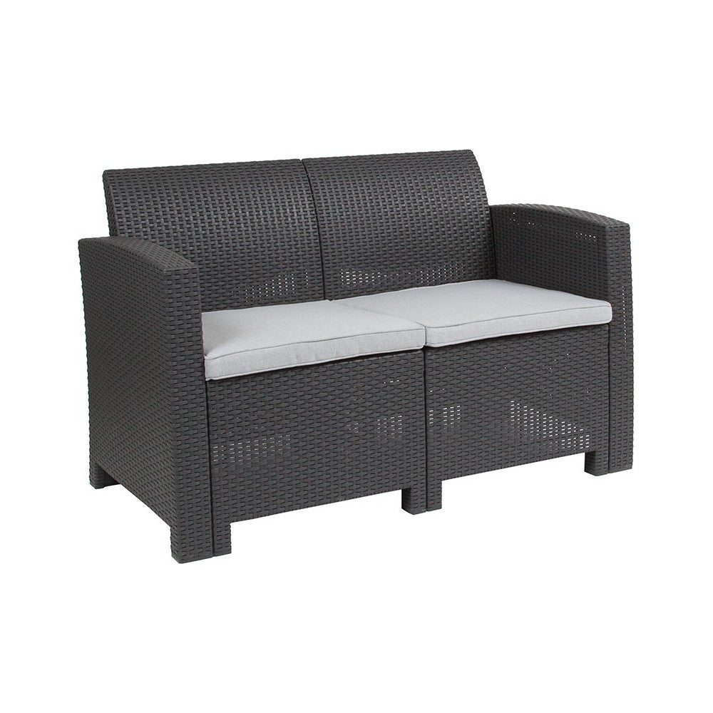 Dark Gray Faux Rattan Loveseat with All-Weather Light Gray Cushions