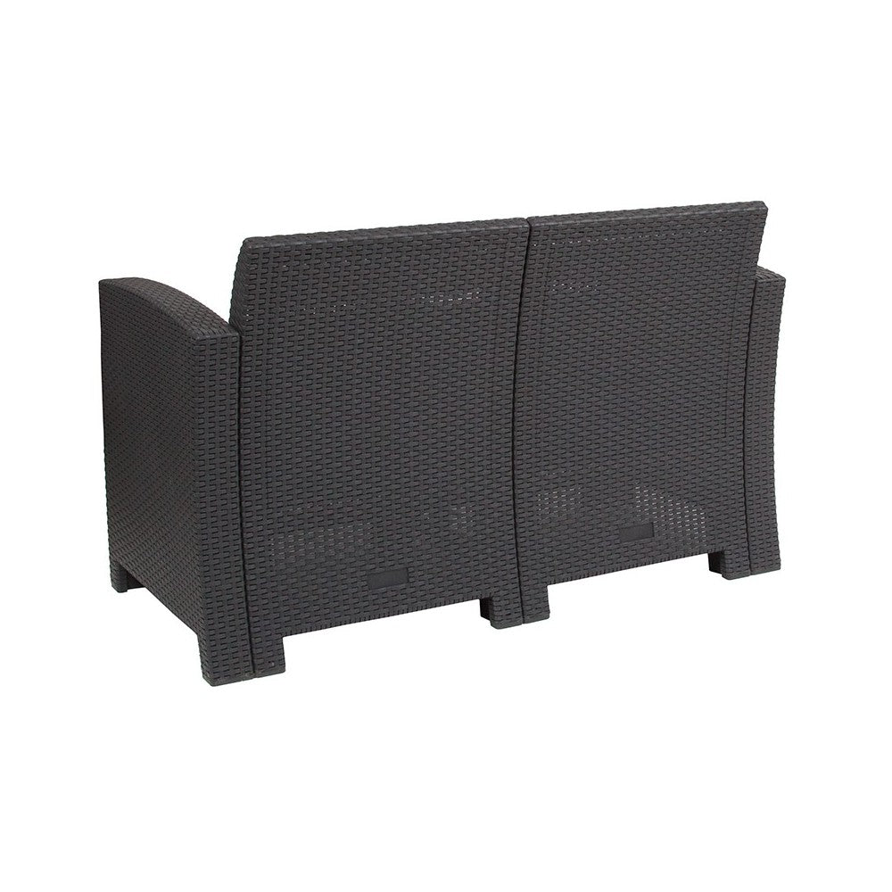 Dark Gray Faux Rattan Loveseat with All-Weather Light Gray Cushions