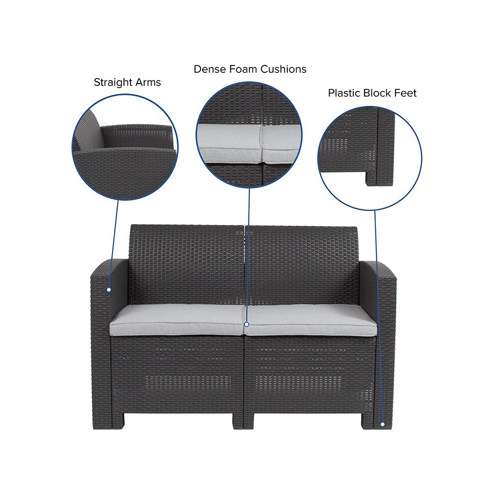 Dark Gray Faux Rattan Loveseat with All-Weather Light Gray Cushions