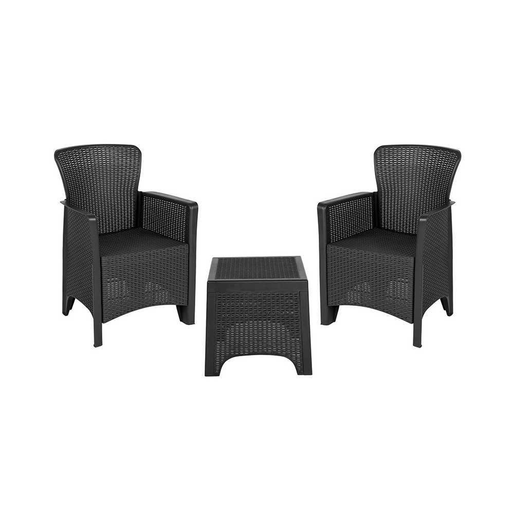 Dark Gray Faux Rattan Plastic Chair Set with Matching Side Table