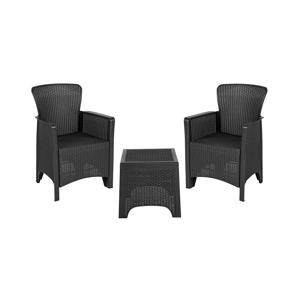 Dark Gray Faux Rattan Plastic Chair Set with Matching Side Table