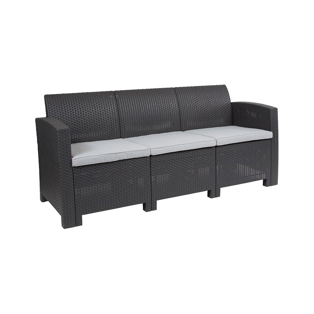 Dark Gray Faux Rattan Sofa with All-Weather Light Gray Cushions