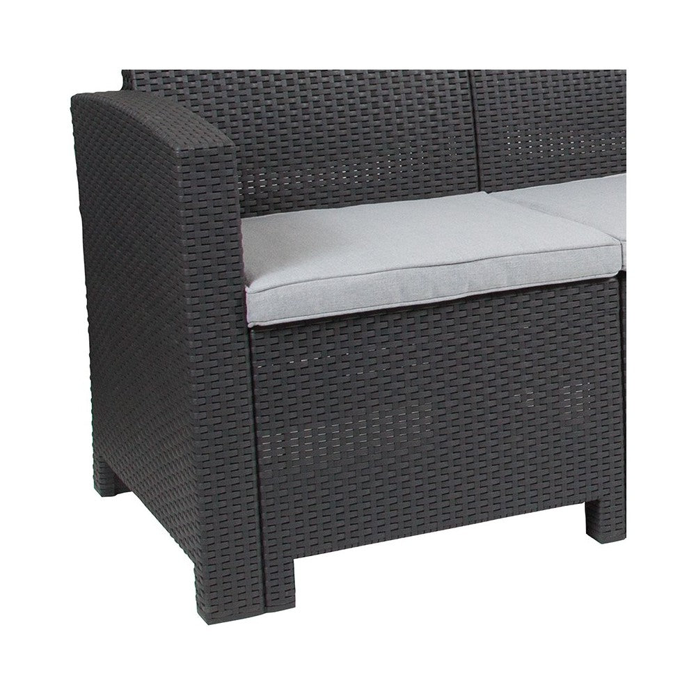 Dark Gray Faux Rattan Sofa with All-Weather Light Gray Cushions
