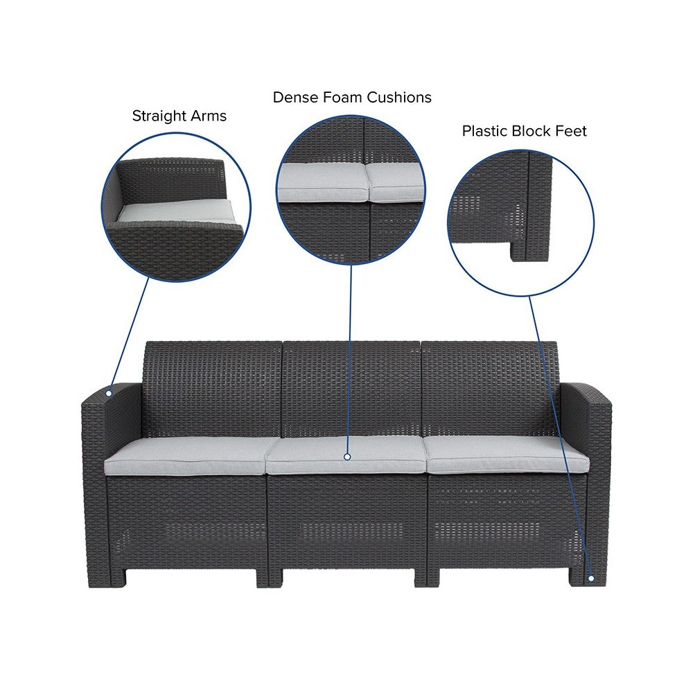 Dark Gray Faux Rattan Sofa with All-Weather Light Gray Cushions