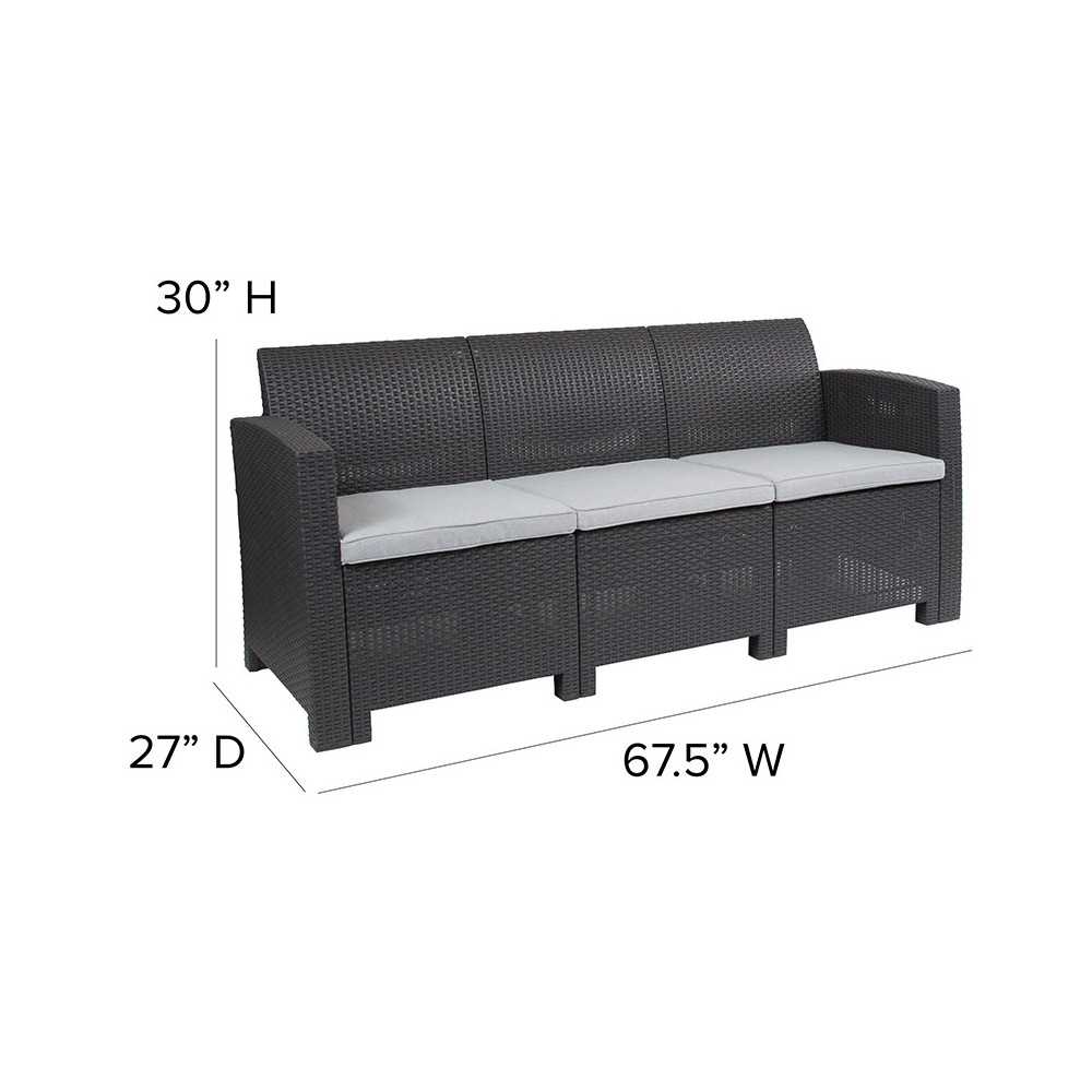 Dark Gray Faux Rattan Sofa with All-Weather Light Gray Cushions