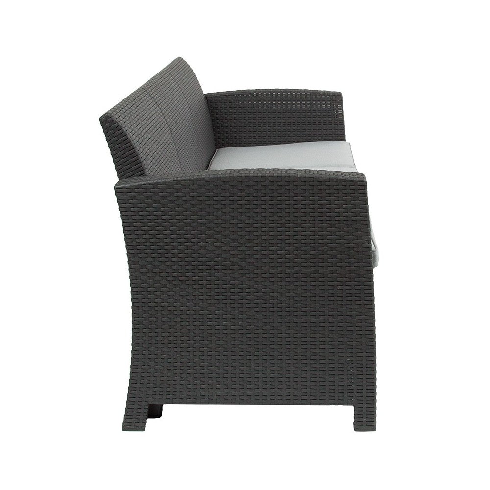 Dark Gray Faux Rattan Sofa with All-Weather Light Gray Cushions