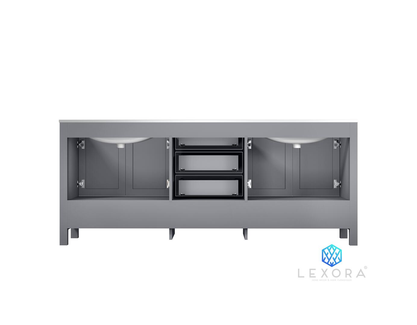 Jacques 80" Distressed Grey Double Vanity, White Carrara Marble Top, White Square Sinks and no Mirror