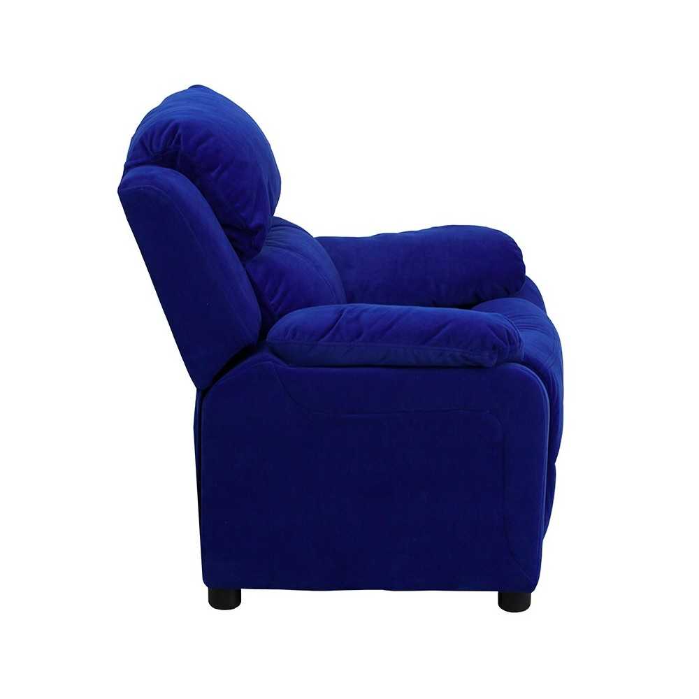 Deluxe Padded Contemporary Blue Microfiber Kids Recliner with Storage Arms
