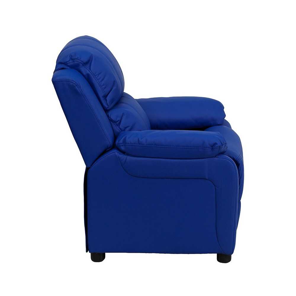 Deluxe Padded Contemporary Blue Vinyl Kids Recliner with Storage Arms